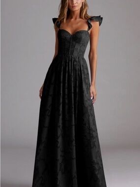 Azazie Black Ruffled Strap Corset Maxi Dress